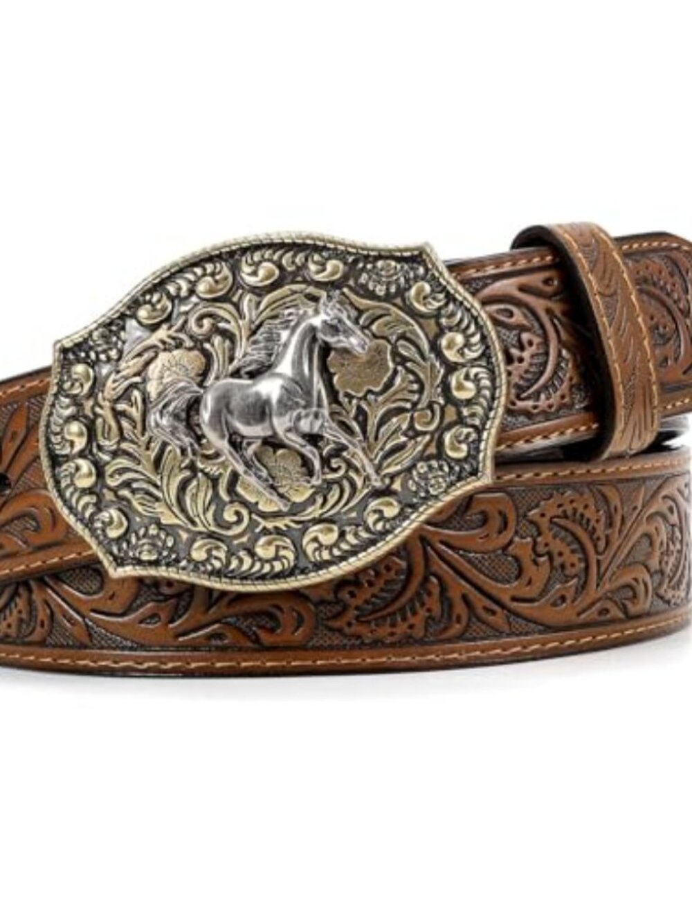 Cowboy Belts for Men Women Embossed Leather Western Belt with Horse Buckle